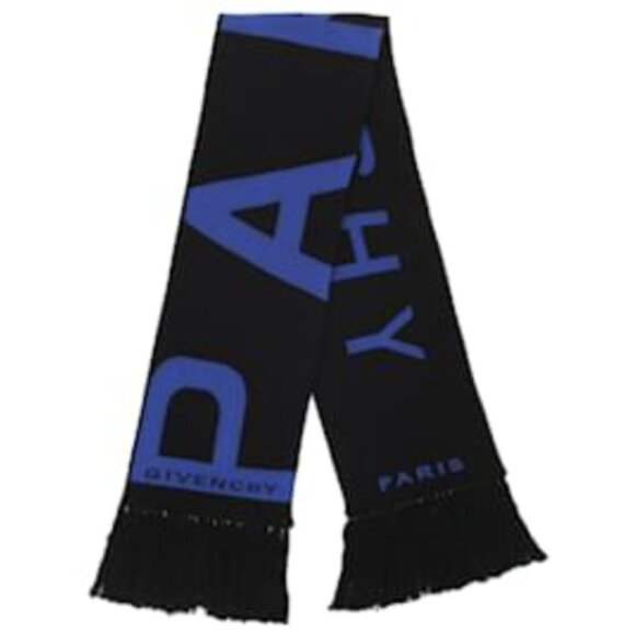 NWT Givenchy Paris Logo Scarf Black Blue Cotton Fringe Football Made in Italy - Picture 1 of 12